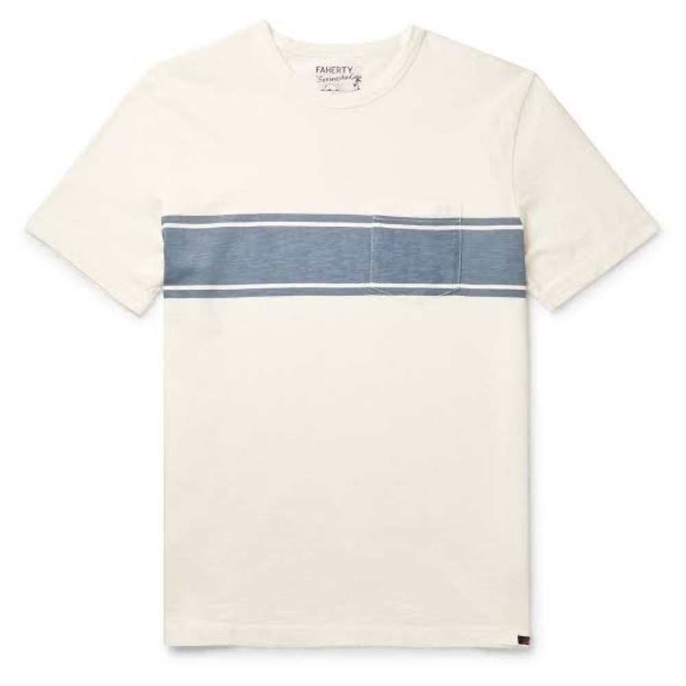 Faherty Sunwashed Organic Cotton Pocket T-Shirt Cream Blue Stripe Mens M